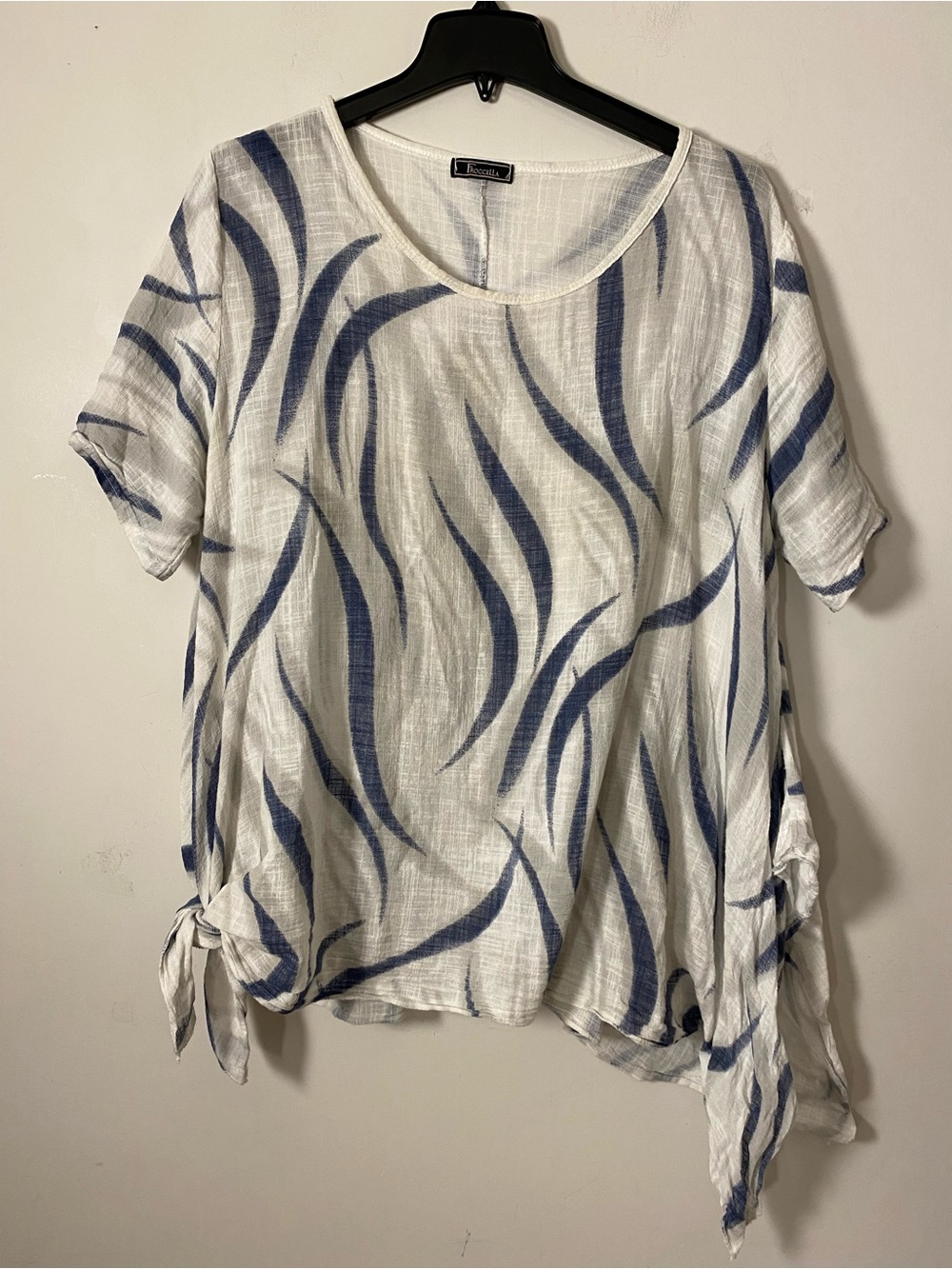 Linen blend Blue Wave Print Short Sleeve Tunic Top - Unknown Brand